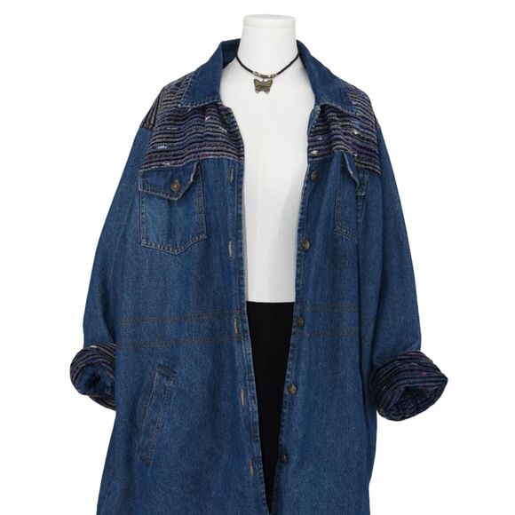 Vintage 90s Oversized Denim Parka Jacket Woven Tapestry Southwestern Boho 3x - Picture 1 of 8